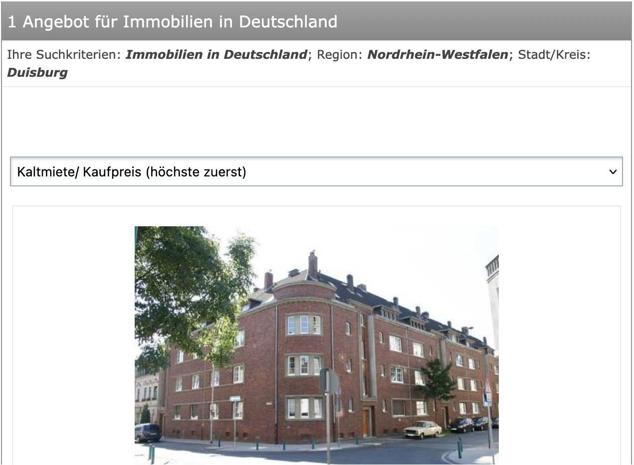 Screenshot der aktuellen Wohnungsangebote